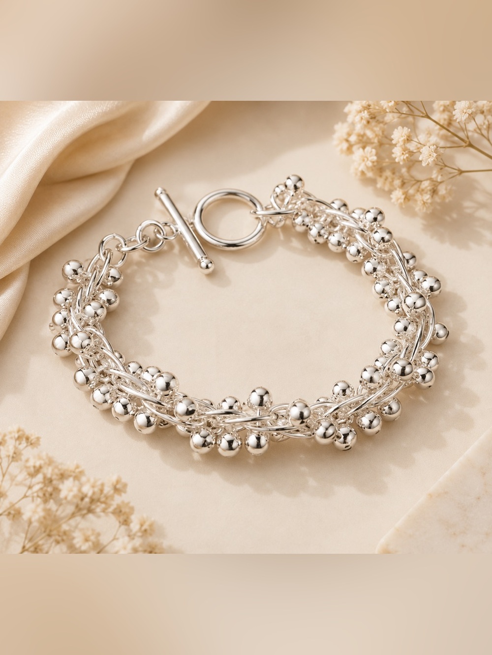 Sterling Silver Beaded Toggle Bracelet - Silver